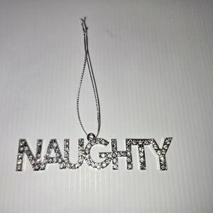 Sparkling Rhinestone 'Naughty' Ornament On Silver String, New Without Tags